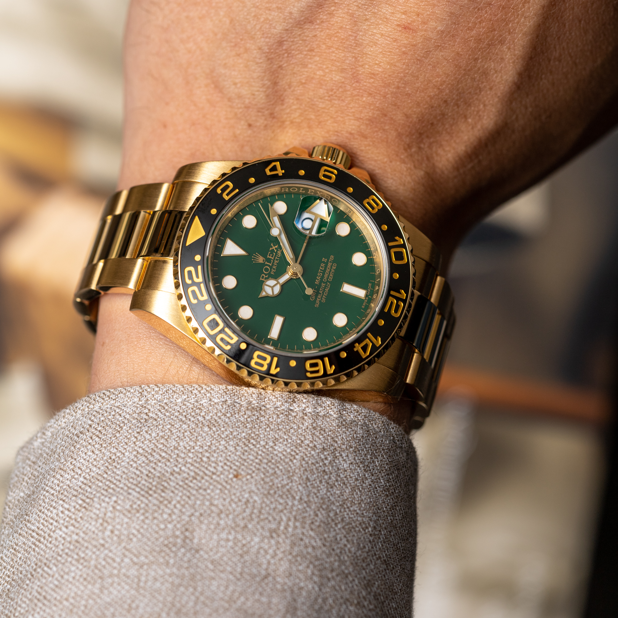 Rolex GMT Master II Yellow Gold Green Dial 116718LN - Van Wonderen Watches