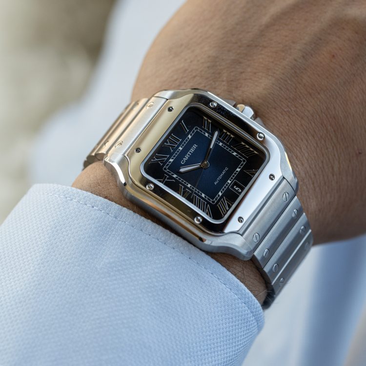 cartier santos blue on wrist